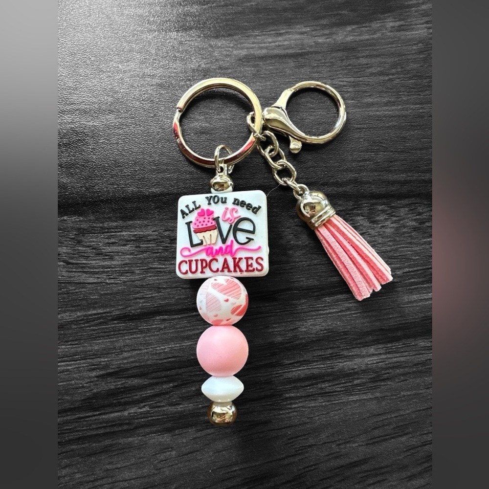 Silicone All You Need is Love and Cupcakes Bead Keychain with Tassel